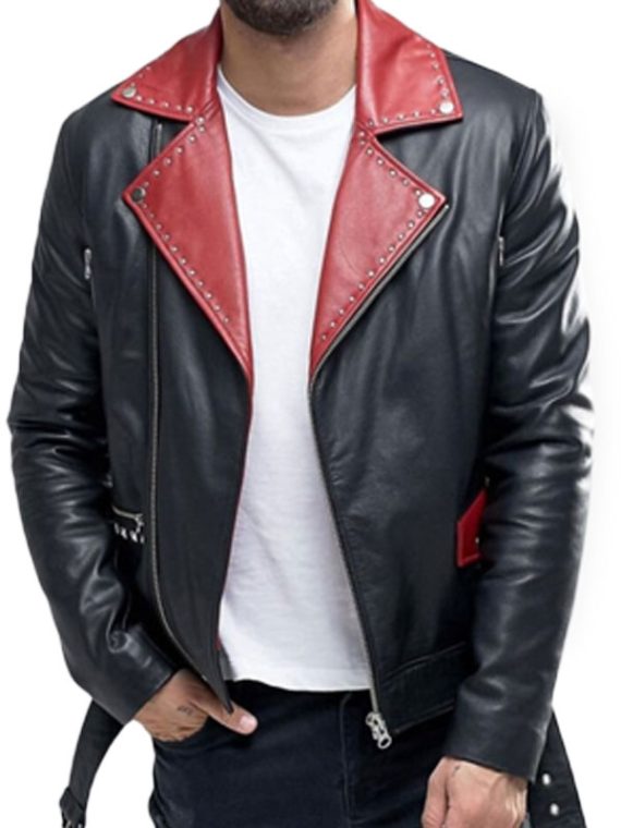Red Studded Lapels Biker Leather Jacket