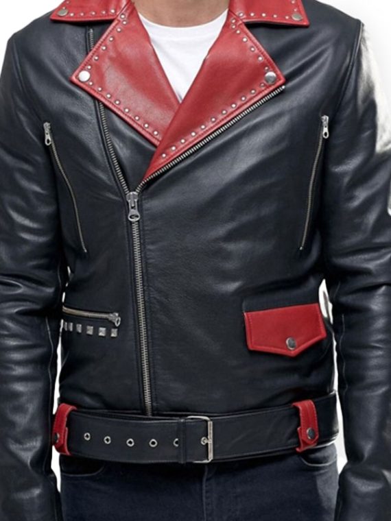 Red Studded Lapels Biker Leather Jacket
