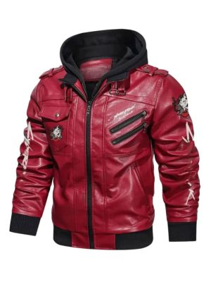 Samurai Maroon Cyberpunk Leather Hooded Jacket