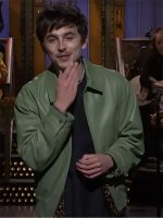Timothee Chalamet Green Leather Bomber Jacket