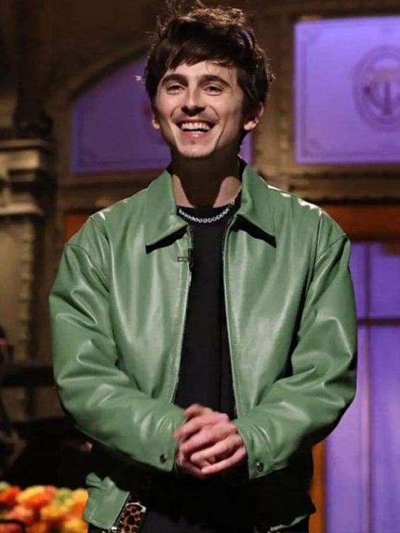 Timothee Chalamet Green Leather Bomber Jacket