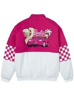 Women Barbie Race Car Pink White Bomber Jacket