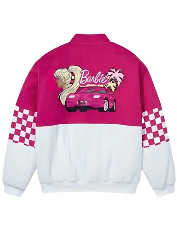 Women Barbie Race Car Pink White Bomber Jacket