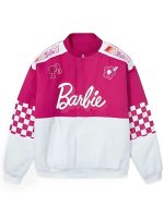 Women Barbie Race Car Pink White Bomber Jacket