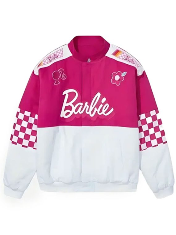 Women Barbie Race Car Pink White Bomber Jacket