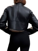 Women Black Leather Cropped Jacket