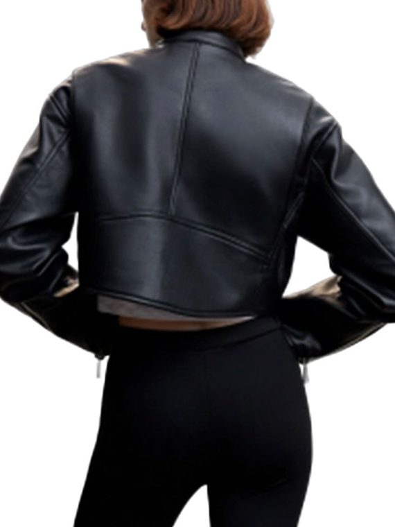 Women Black Leather Cropped Jacket