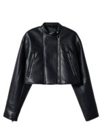 Women Black Leather Cropped Jacket