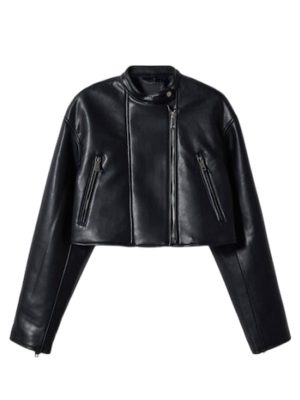 Women Black Leather Cropped Jacket