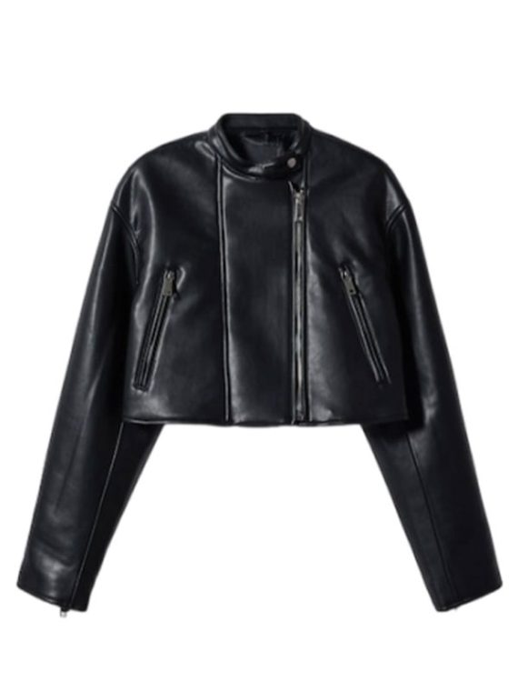 Women Black Leather Cropped Jacket